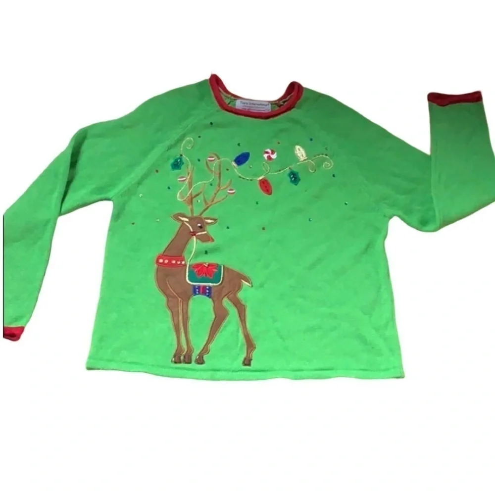 Tiara International Christmas reindeer sweater Green Size Medium